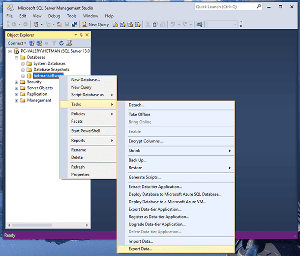 Microsoft SQL Server Management Studio. «Export Data...»