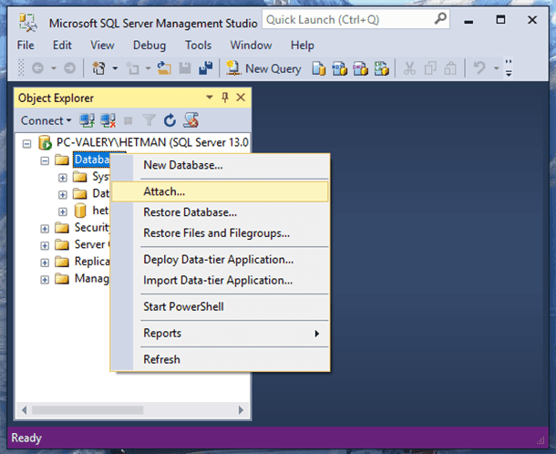 Microsoft SQL Server Management Studio. Attach...