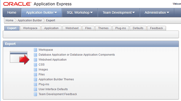 Oracle Application Express. Specify the export type