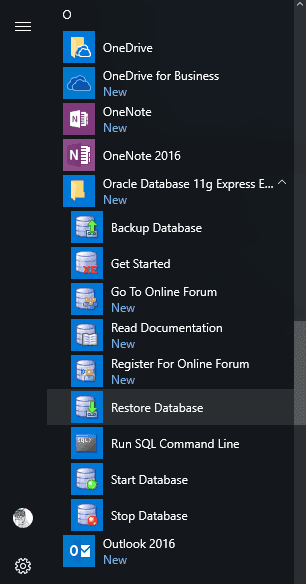 Select Restore Database among other applications in the Start menu