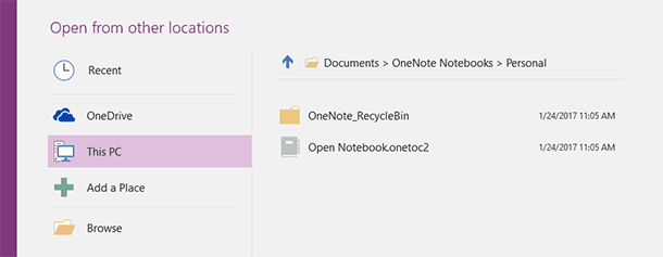 OneNote. «Open Notebook.onetoc2»