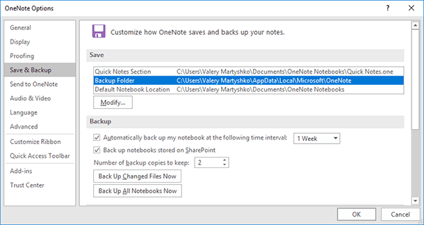 OneNote. Options