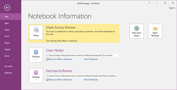 OneNote. «Open Backups»