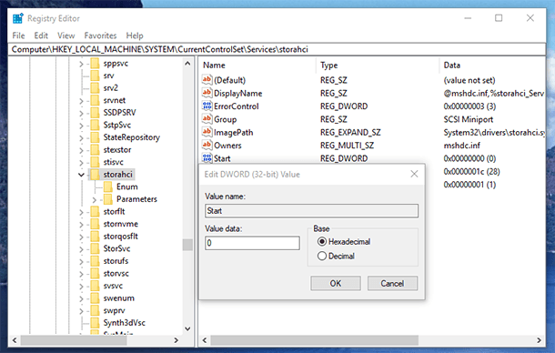 Regedit. HKEY_LOCAL_MACHINE SYSTEM CurrentControlSet Services storahci set the value to 0 (zero) for Start element.