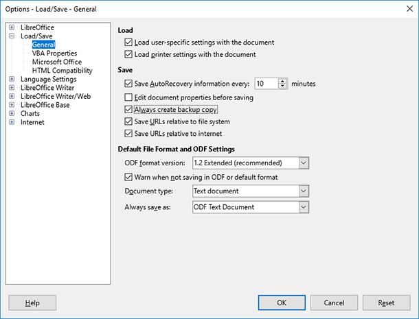 LibreOffice. تحميل/ حفظ