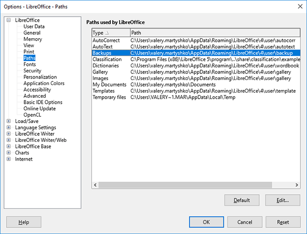 LibreOffice. Chemins