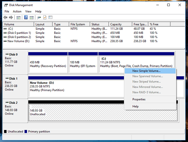 Disk Management. The physical disk deleted from the storage space will become available in the Disk Management window