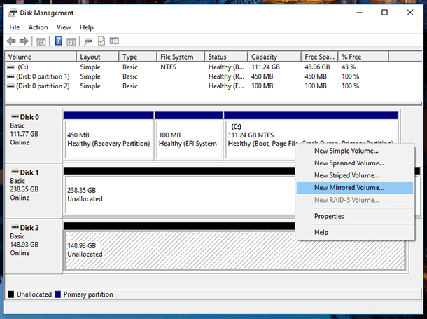 Disk Management. Create New Mirrored Volume