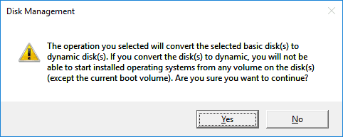 Before formatting starts, you will be warned that the basic drives will be converted to dynamic disks to create a mirrored volume