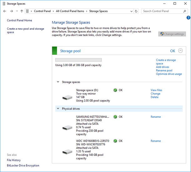 Disk Space. System will take the data from the disk being deleted to the remaining two (or more) physical disks of the storage space