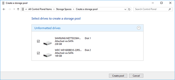 Create Storage Space & Mirrored Volume in Windows