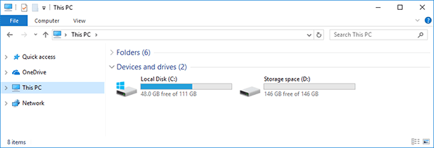 The storage space you have created will be shown as another drive in the folder This PC