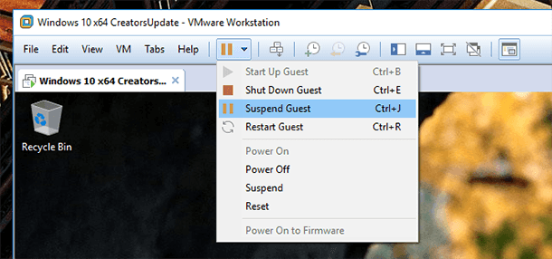 VMware Workstation. Suspend Guest