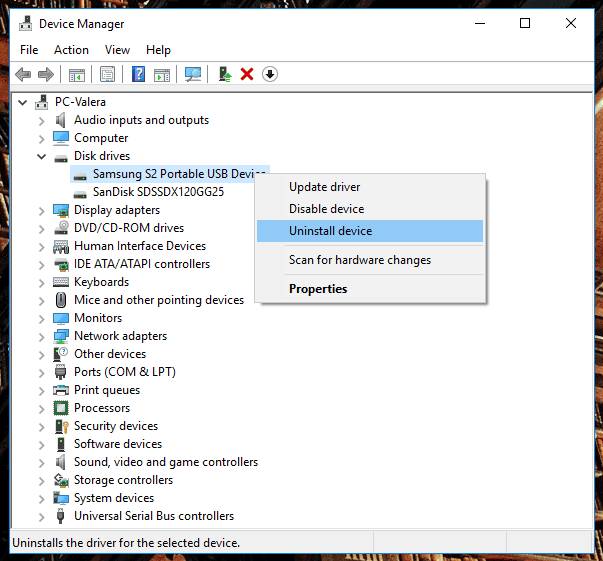 «Device Manager». xtend the Disk drives section, right-click on the problem disk and click “Uninstall”