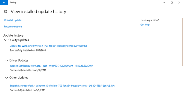 Update History. A window will open where you can see all updates or remove them