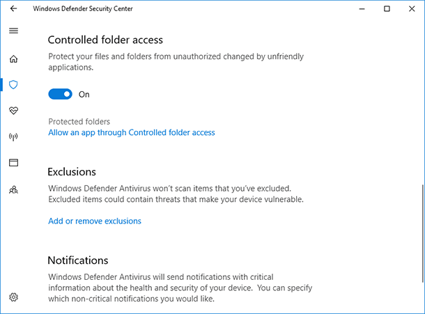 Windows Defender. Controlled folder access