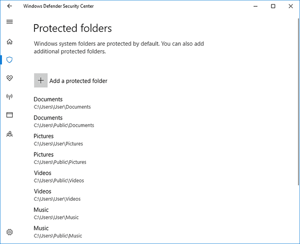 Windows Defender. Protected Folders