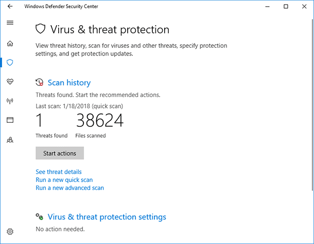 Windows Defender. Virus & threat protection