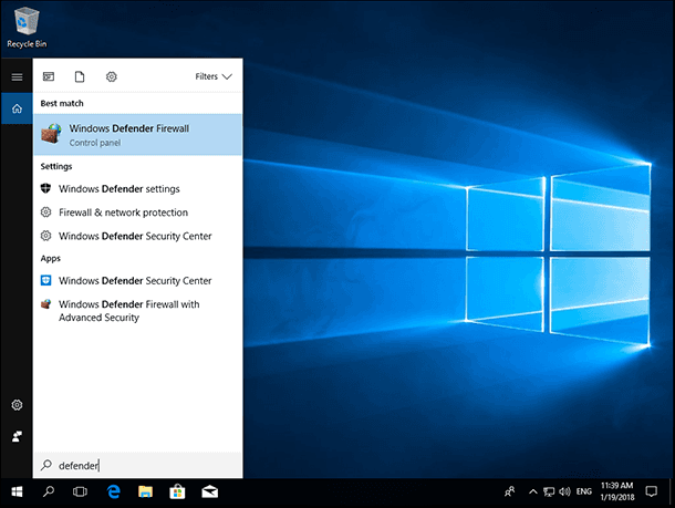 Sart / Windows search / Windows Defender