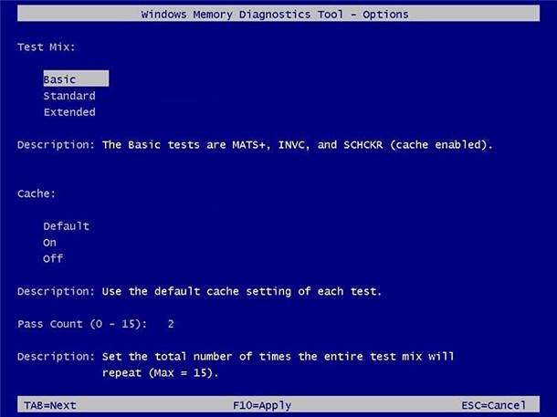 Windows Memory Diagnostics. Options page