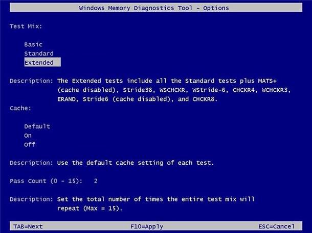 Windows Memory Diagnostics. Extended mode