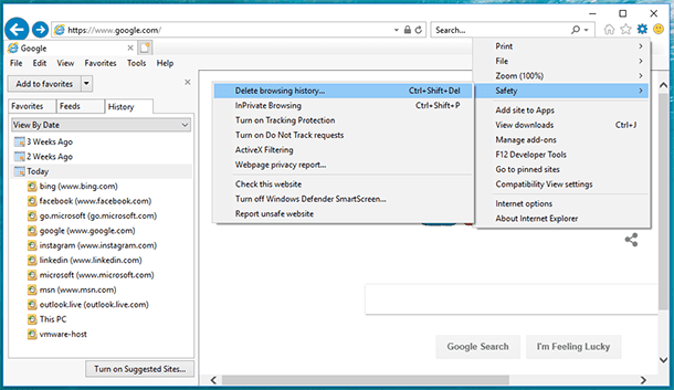 Internet Explorer. Safety / Delete browsing history