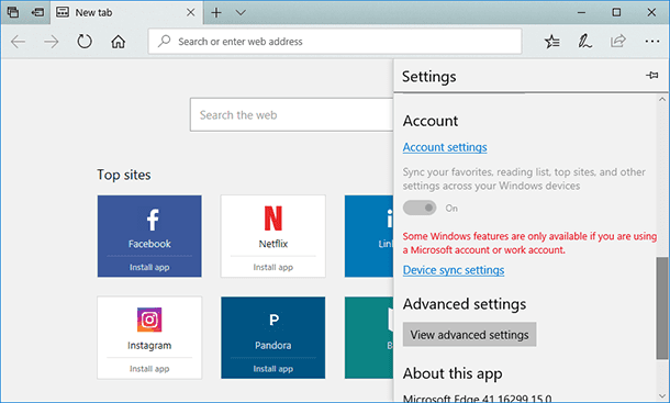 Microsoft Edge. “Account”