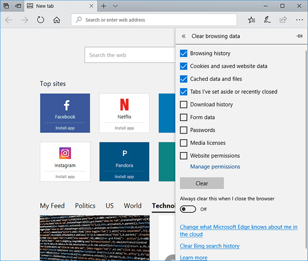 Microsoft Edge. Select the browsing data to be cleared, and click on “Clear”