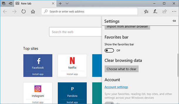 Microsoft Edge. Menu / Settings / Clear browsing data / Choose what to clear