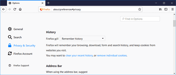 Mozilla Firefox. Menu / Settings / Privacy & Security / Clear your recent history