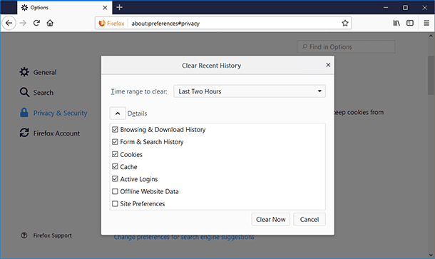 Mozilla Firefox. Select the data you need to delete from the browsing history, and set the time range, then click “Clear now”