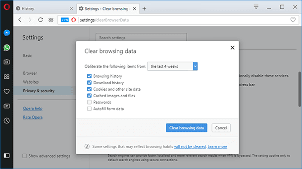 Opera. Select the data you need to remove from the browsing history and click “Clear browsing data”