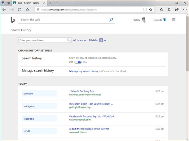 Bing. Bing search history is presented chronologically.