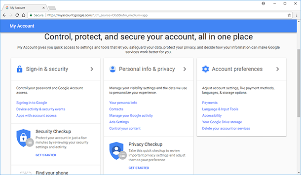 Google. “Personal info and privacy” / “Manage your Google activity”