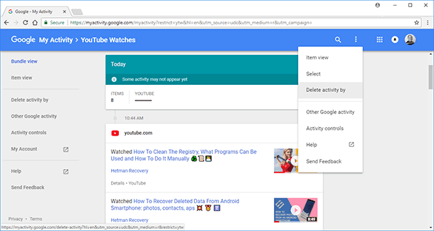 YouTube. “Delete activity by.”
