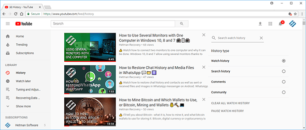 YouTube. Watch history, search history, comments or community posts.