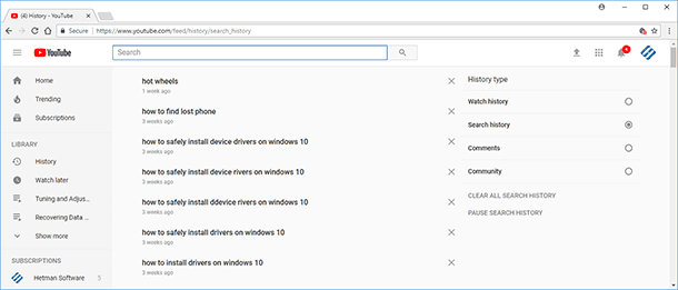 YouTube. To clear history for the selected type of data, click “Clear all ... history” 
