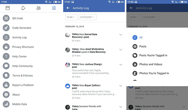 Activity Log in Facebook mobile app