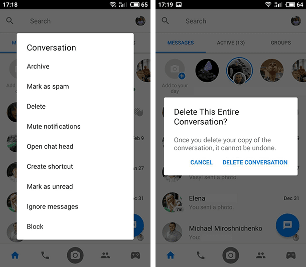 To delete a message or chat (conversation) from the Facebook Messenger mobile app, tap and hold it; in the menu that opens, select Delete.
