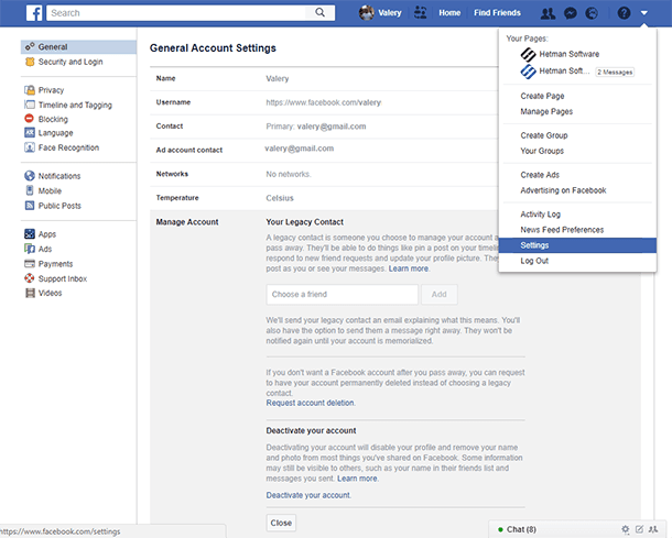 To deactivate a Facebook account, go to Settings / General Account Settings / Manage account / Deactivate your account