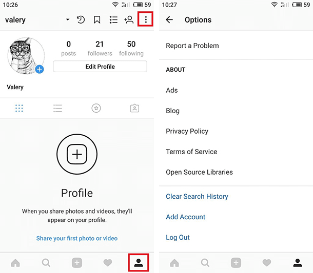 Instagram. Options menu