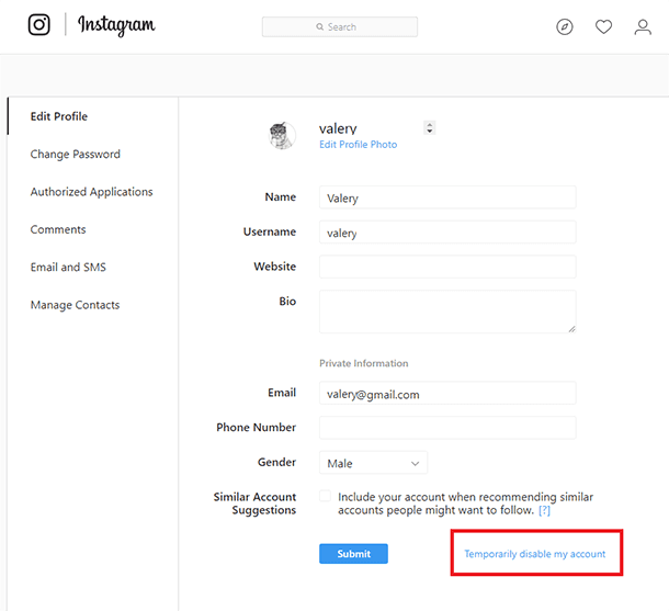 Instagram. “Edit profile” / “Temporarily disable my account”