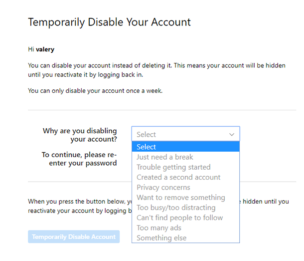 Instagram. Click on “Temporarily disable account”