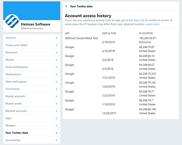 Account access history. Application from which the user logged in, the date, country and IP address.