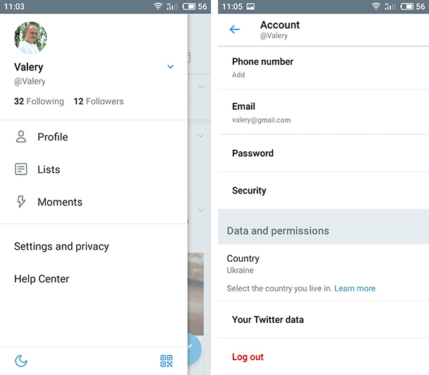Mobile application: Settings / Account / Your Twitter data / Account access history