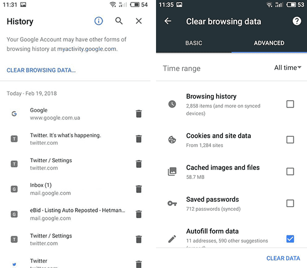 how to delete history on google chrome for android