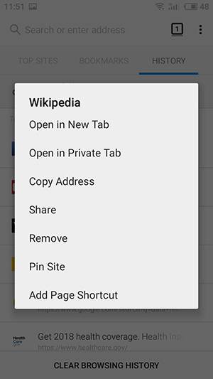 Mozilla Firefox. You can also tap and hold a History item to delete only this specific one