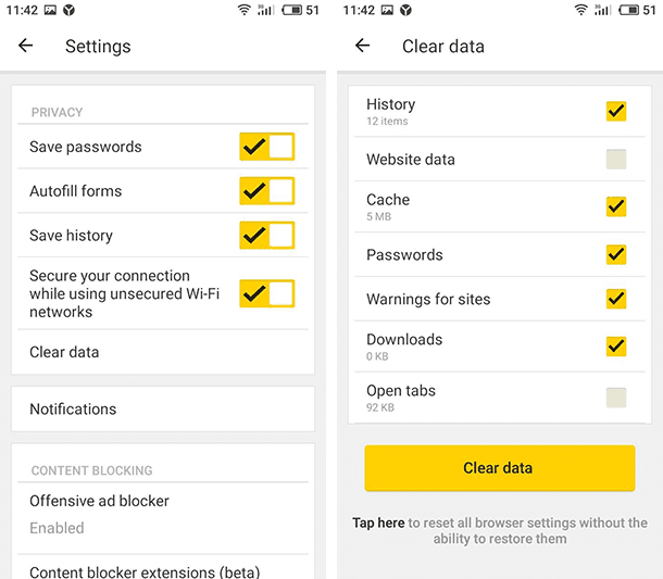 Yandex.Browser. Find the tab Privacy and tap on “Clear data.”