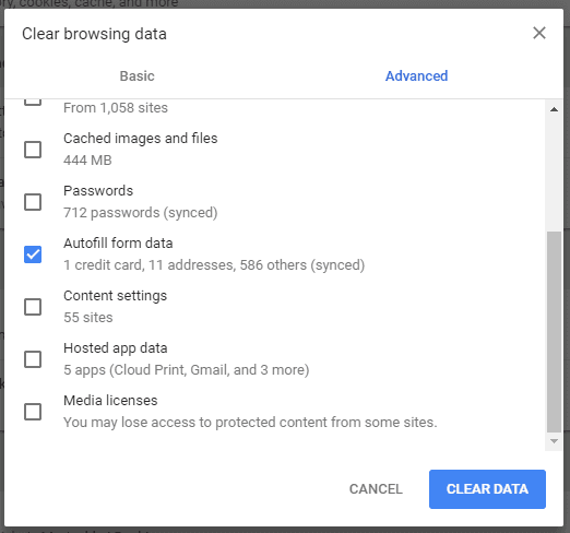 Autofill data can be cleared completely together with the browsing history.