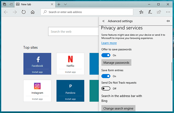 Microsoft Edge. Go to Settings / Advanced Settings / View Advanced Settings / Manage my saved passwords